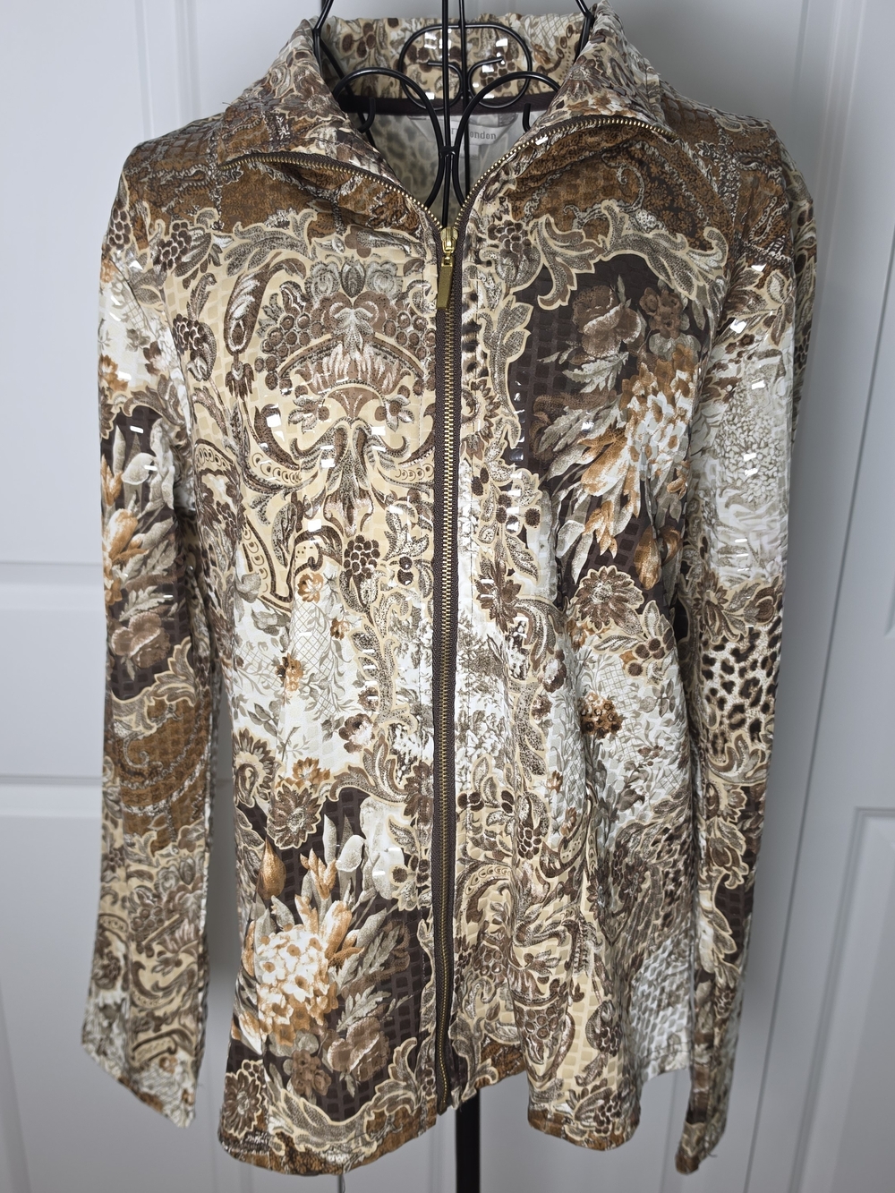 Erin London Embellished Baroque Floral Zip Jacket Brown Cream Shimmer Medium
